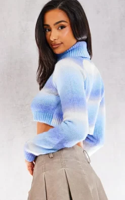 Petite Blue Stripe High Neck Fluffy Knitted Crop Sweater
