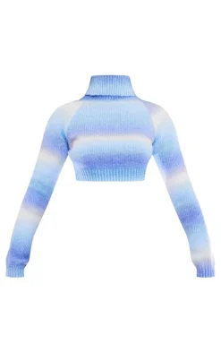 Petite Blue Stripe High Neck Fluffy Knitted Crop Sweater