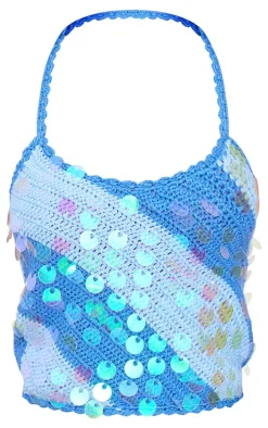 Petite Blue Striped Knitted Halterneck Sequin Top
