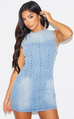 Petite Blue Textured Denim Sleeveless Mini Dress