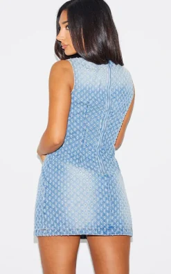 Petite Blue Textured Denim Sleeveless Mini Dress