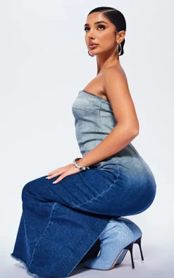 Petite Blue Washed Ombre Denim Bandeau Midaxi Dress