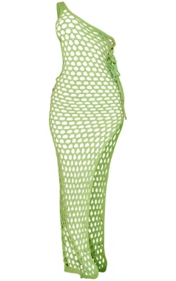 Petite Bright Green Open Knit Tie Side Maxi Dress With Split