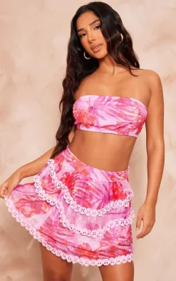 Petite Bright Pink Floral Bandeau Tie Back Top