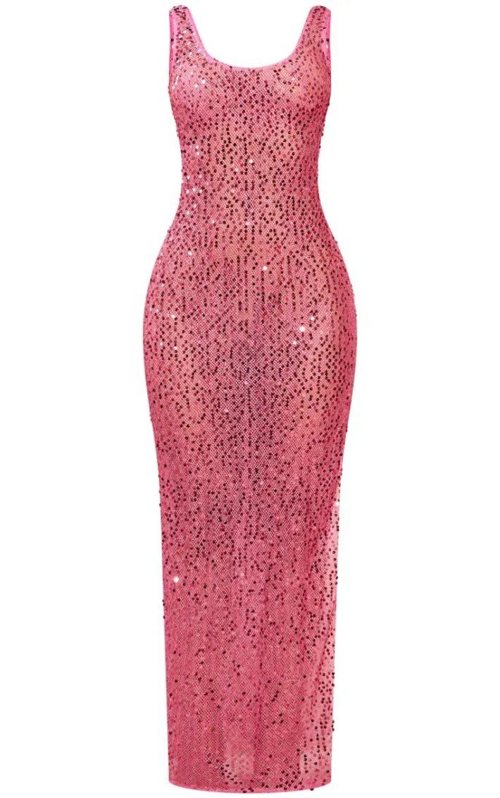 Petite Bright Pink Sequin Sheer Maxi Dress