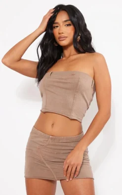 Petite Brown Acid Wash Micro Mini Skirt