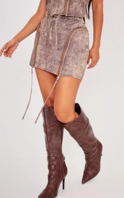 Petite Brown Acid Wash Zip Detail Mini Skirt