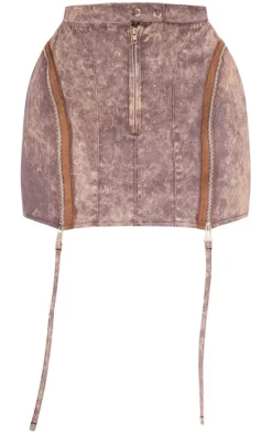 Petite Brown Acid Wash Zip Detail Mini Skirt