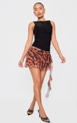 Petite Brown Animal Printed Mesh Frill Detail Mini Skirt