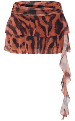 Petite Brown Animal Printed Mesh Frill Detail Mini Skirt