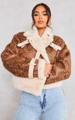 Petite Brown Borg & Distressed PU Aviator Jacket