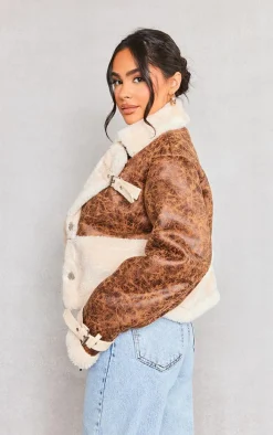 Petite Brown Borg & Distressed PU Aviator Jacket