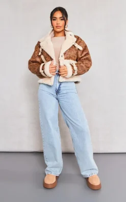 Petite Brown Borg & Distressed PU Aviator Jacket