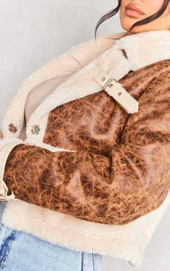Petite Brown Borg & Distressed PU Aviator Jacket