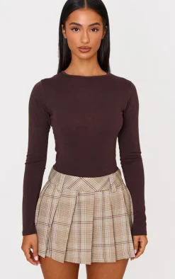 Petite Brown Check Pleated Mini Skirt
