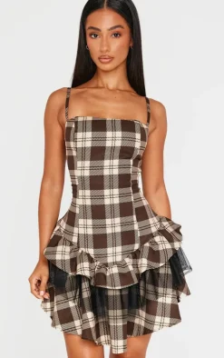 Petite Brown Check Strappy Rara Mini Dress
