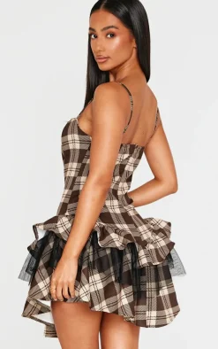 Petite Brown Check Strappy Rara Mini Dress