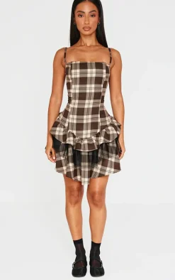 Petite Brown Check Strappy Rara Mini Dress