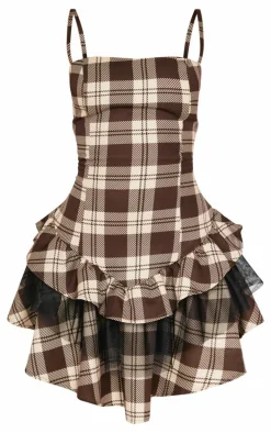Petite Brown Check Strappy Rara Mini Dress