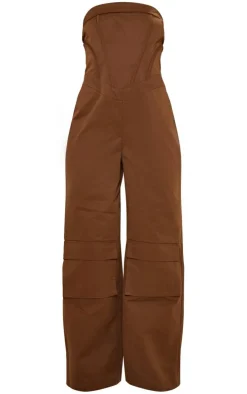 Petite Brown Corset Detail Cargo Jumpsuit