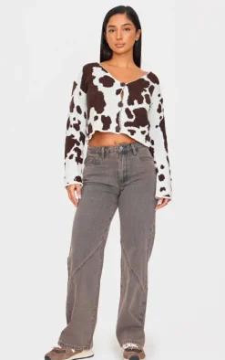 Petite Brown Cow Print Knitted Cropped Cardigan