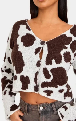 Petite Brown Cow Print Knitted Cropped Cardigan