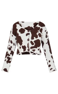 Petite Brown Cow Print Knitted Cropped Cardigan