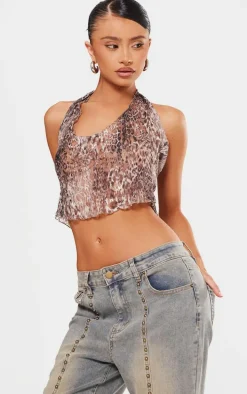 Petite Brown Crushed Lace Halterneck Crop Top
