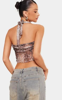 Petite Brown Crushed Lace Halterneck Crop Top