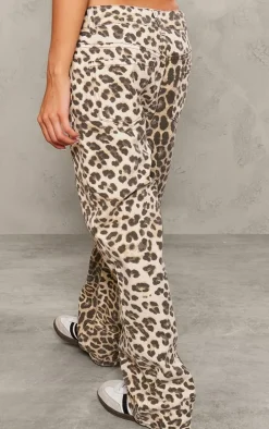 Petite Brown Denim Leopard Print Straight Leg Jeans