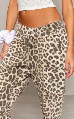 Petite Brown Denim Leopard Print Straight Leg Jeans