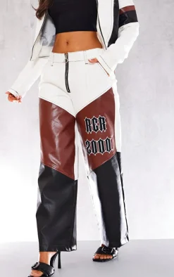 Petite Brown Faux Leather Panel Embroidered Jeans