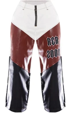 Petite Brown Faux Leather Panel Embroidered Jeans