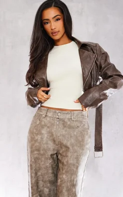 Petite Brown Faux Washed Leather Super Cropped Belted Biker Jacket