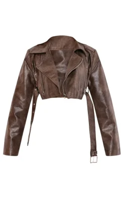 Petite Brown Faux Washed Leather Super Cropped Belted Biker Jacket