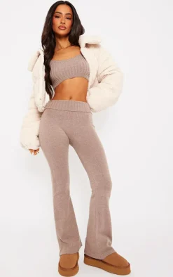 Petite Brown Knitted Fold Over Waist Flared Pants