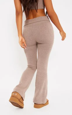 Petite Brown Knitted Fold Over Waist Flared Pants