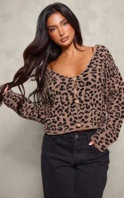 Petite Brown Leopard Print Knitted Cropped Cardigan