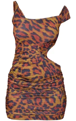 Petite Brown Leopard Print Slinky Cut Out Ruched Mini Dress