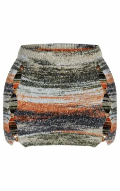 Petite Brown Multi Knitted Side Button Up Mini Skirt