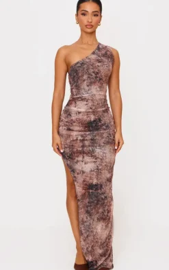 Petite Brown One Shoulder Mesh Maxi Dress
