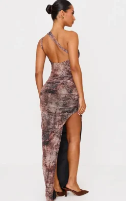 Petite Brown One Shoulder Mesh Maxi Dress