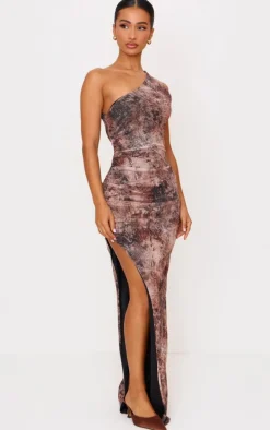 Petite Brown One Shoulder Mesh Maxi Dress