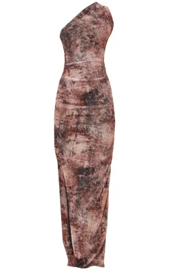 Petite Brown One Shoulder Mesh Maxi Dress