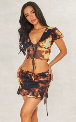 Petite Brown Printed Side Lace Up Frill Detail Mini Skirt