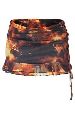 Petite Brown Printed Side Lace Up Frill Detail Mini Skirt