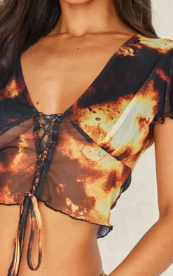 Petite Brown Printed V-neck Cap Sleeve Crop Top