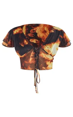 Petite Brown Printed V-neck Cap Sleeve Crop Top