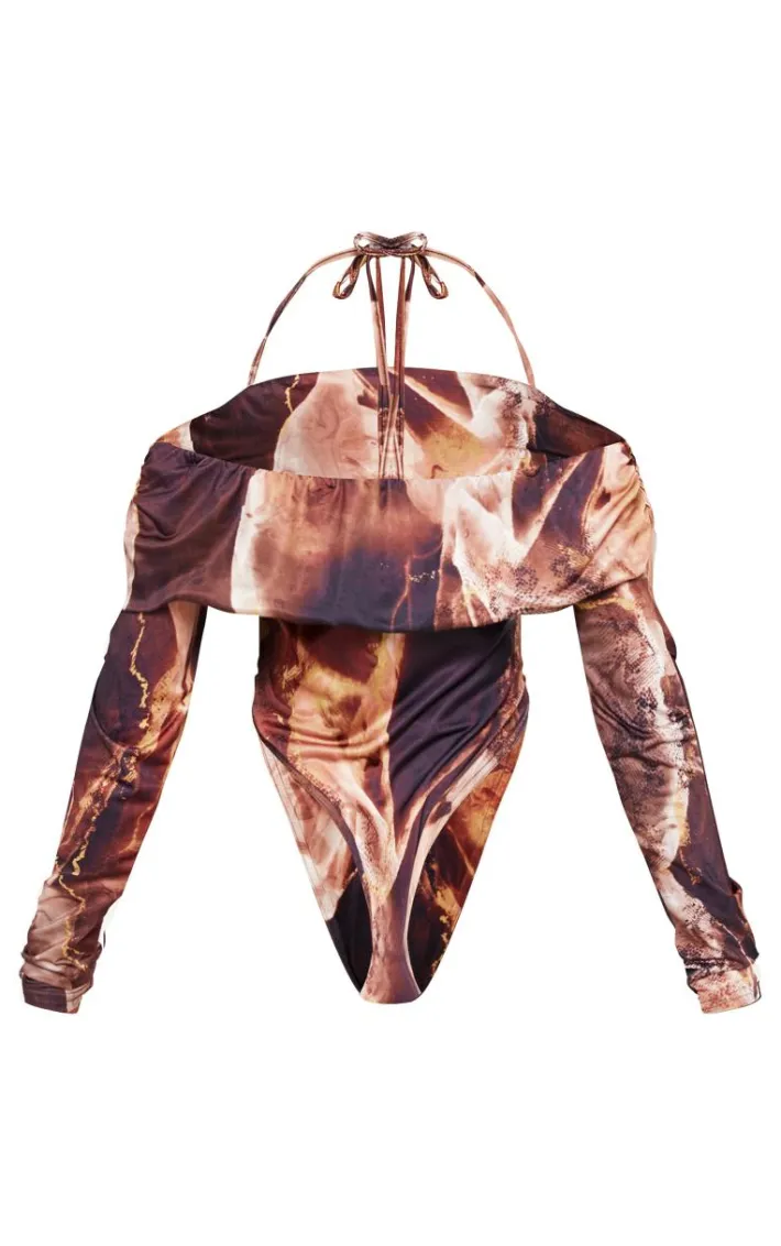 Petite Brown Slinky Bardot High Cut Bodysuit