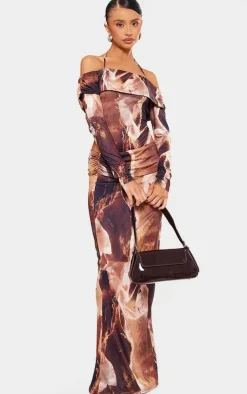 Petite Brown Slinky Ruched Waistband Maxi Skirt